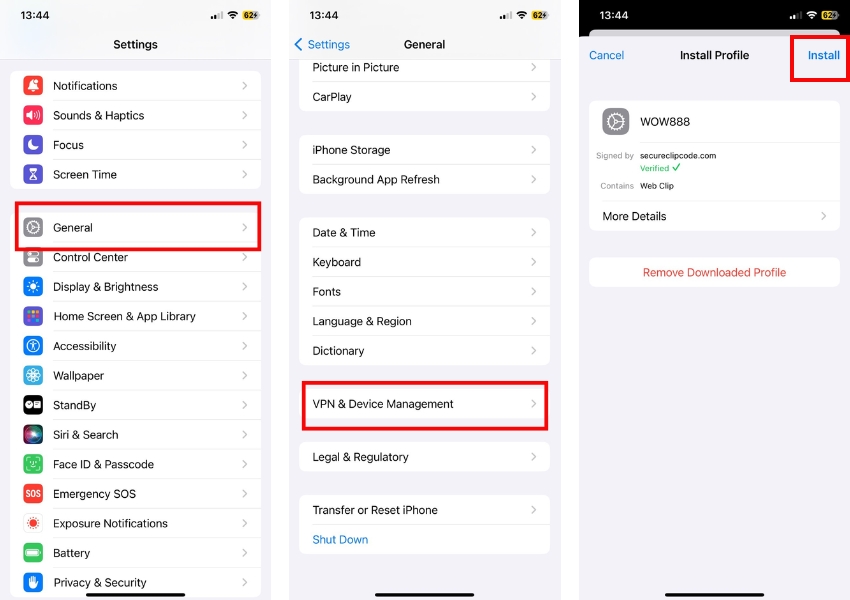 Go to your phone’s settings > Select "General" > Select "VPN & Device Management" > Select "Install."
